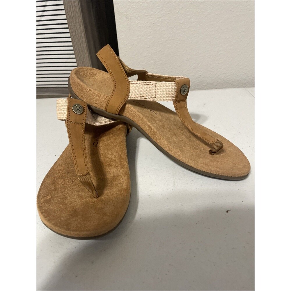 Vionic Brea Camel Tan & Beige leather & textile T-strap sandals 12W/43